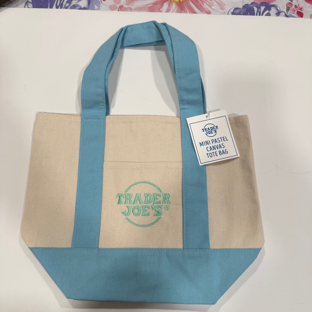 Trader Joe’s Mini Pastel Canvas Tote-2026- Spring- Blue with Green embroidery - Picture 2 of 4